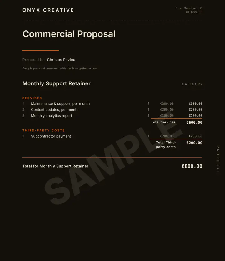Onyx Creative branded proposal made with Hartia